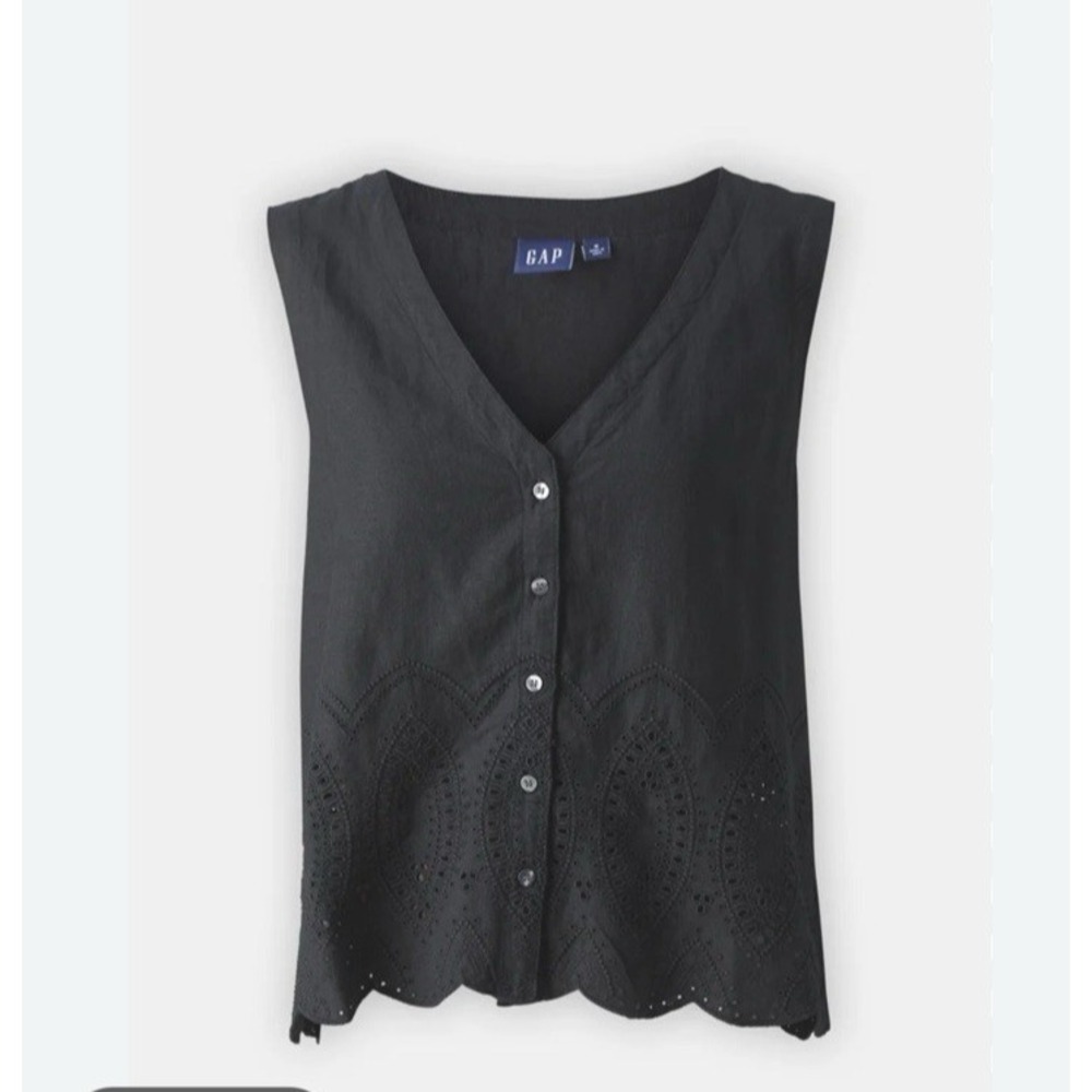Gap Eyelet Linen Blend Scalloped Hem Button Sleeveless Top Dark Cottage Womens L